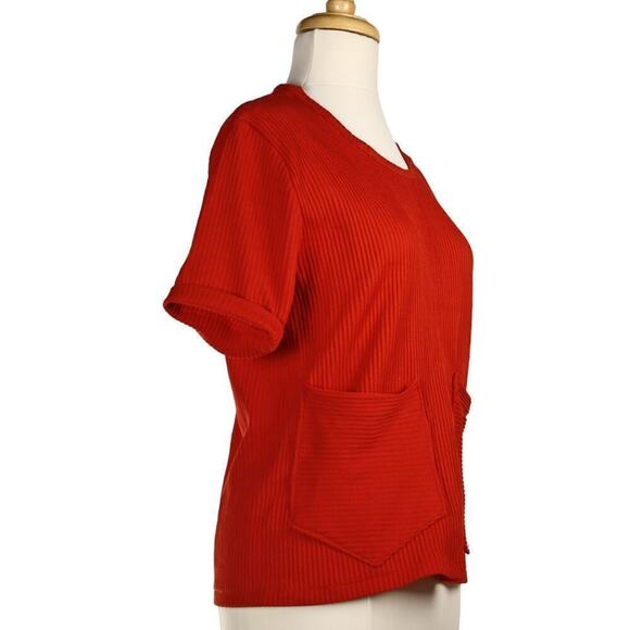Vintage 70s Top Red Pullover Ribbed Knit w 2 Big Patch Pockets Sz Large -Hey Viv - Picture 2 of 5
